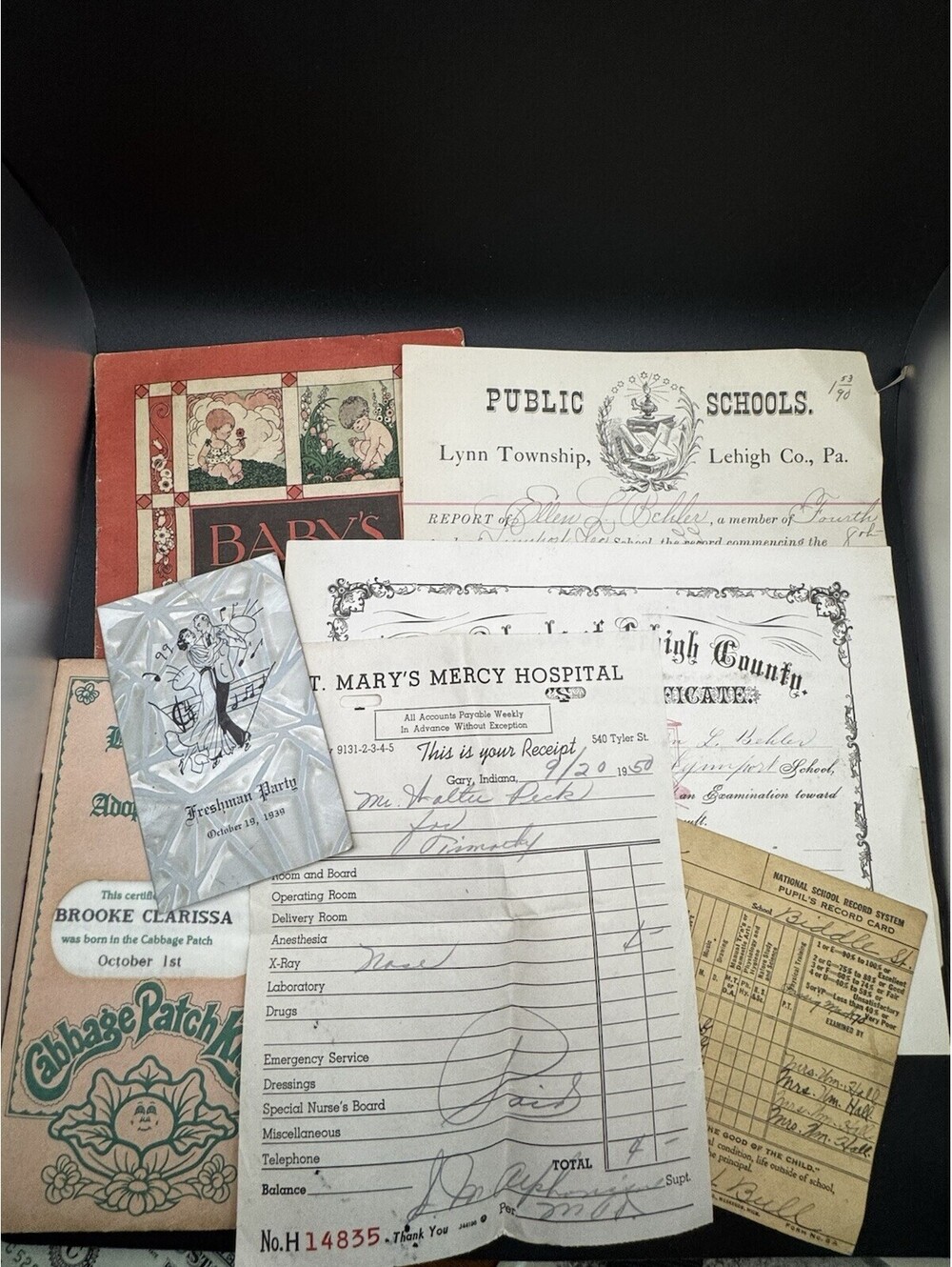 Vintage Ephemera Lot - 1800, 1920 Cabbage Patch Baby Book Report Cards